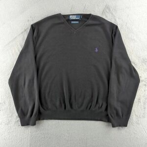 Polo Ralph Lauren Sweater Mens XL Black Pima Cotton V Neck Pullover Purple Pony